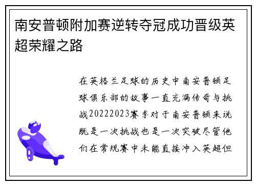 南安普顿附加赛逆转夺冠成功晋级英超荣耀之路